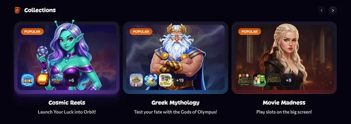 Collections thématiques Aphrodite Casino : Cosmic Reels, Greek Mythology, Movie Madness