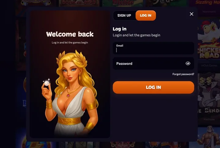 Fenêtre de connexion Aphrodite Casino avec champs e-mail et mot de passe