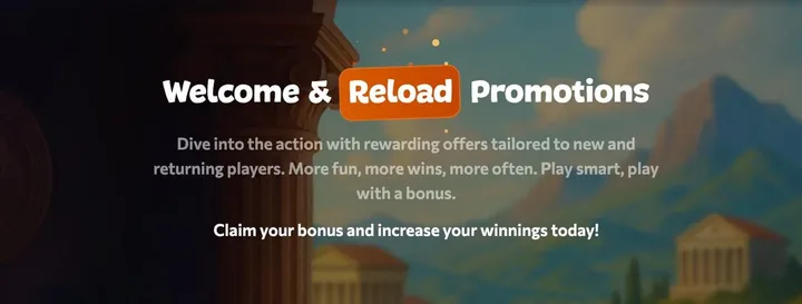 Bannière Welcome & Reload Promotions Aphrodite Casino sur fond de colonnes grecques